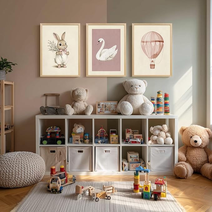 kilamino Pink Baby Girl Nursery Wall Art, Neutral Cute Rabbit and Swan Wall Decor, Vintage Hot Air Balloon Poster Prints, Pastel Bunny Animals Canvas Paintings for Baby Room Wood Framed 12"x16"x3