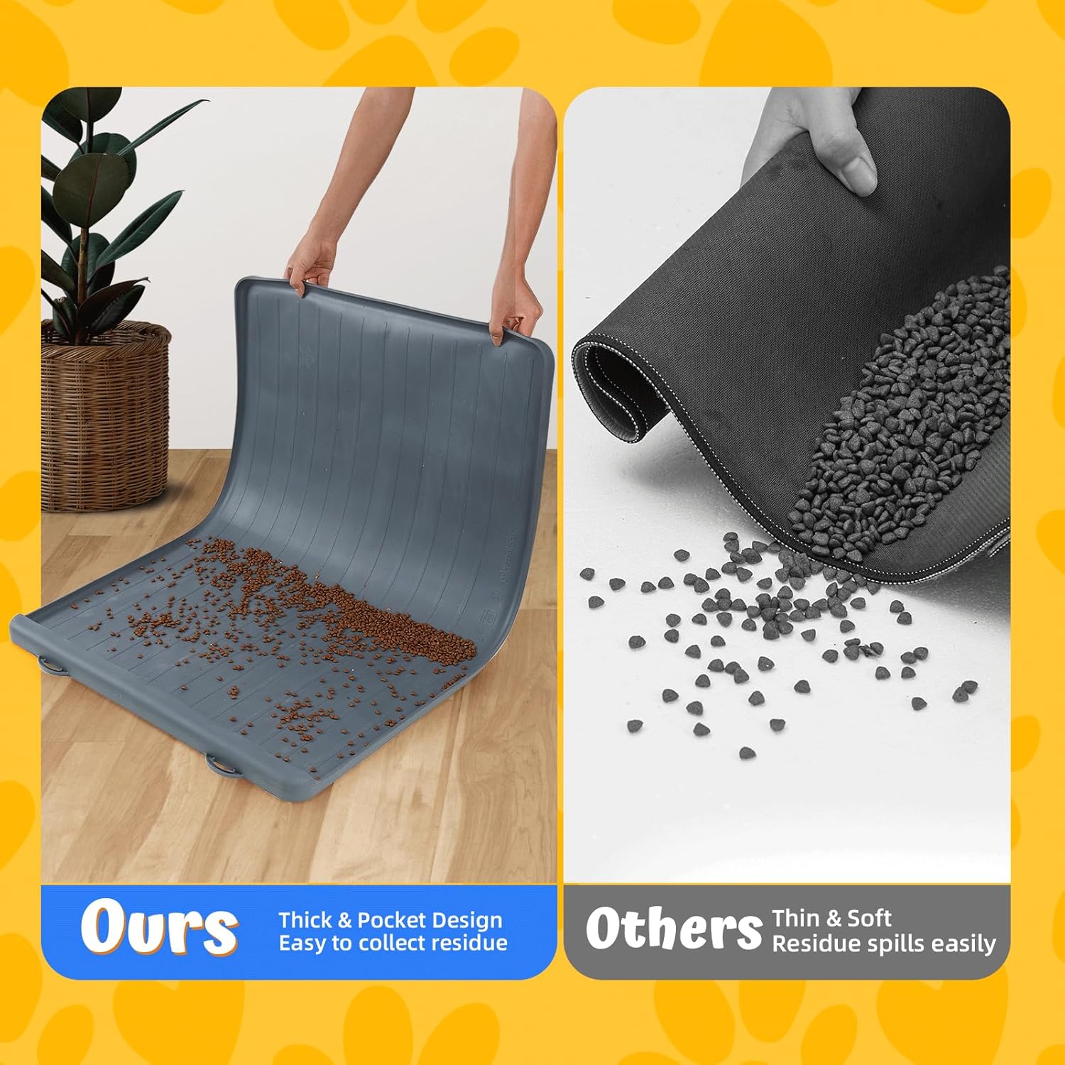 Dog Feeding Mat - 39''x27'' Large Silicone Pet Food Mats with Residue Collection Pocket and High Edges, Floors Waterproof Dog Cat Bowl Mat Prevent Water Food Spills, Dark Grey