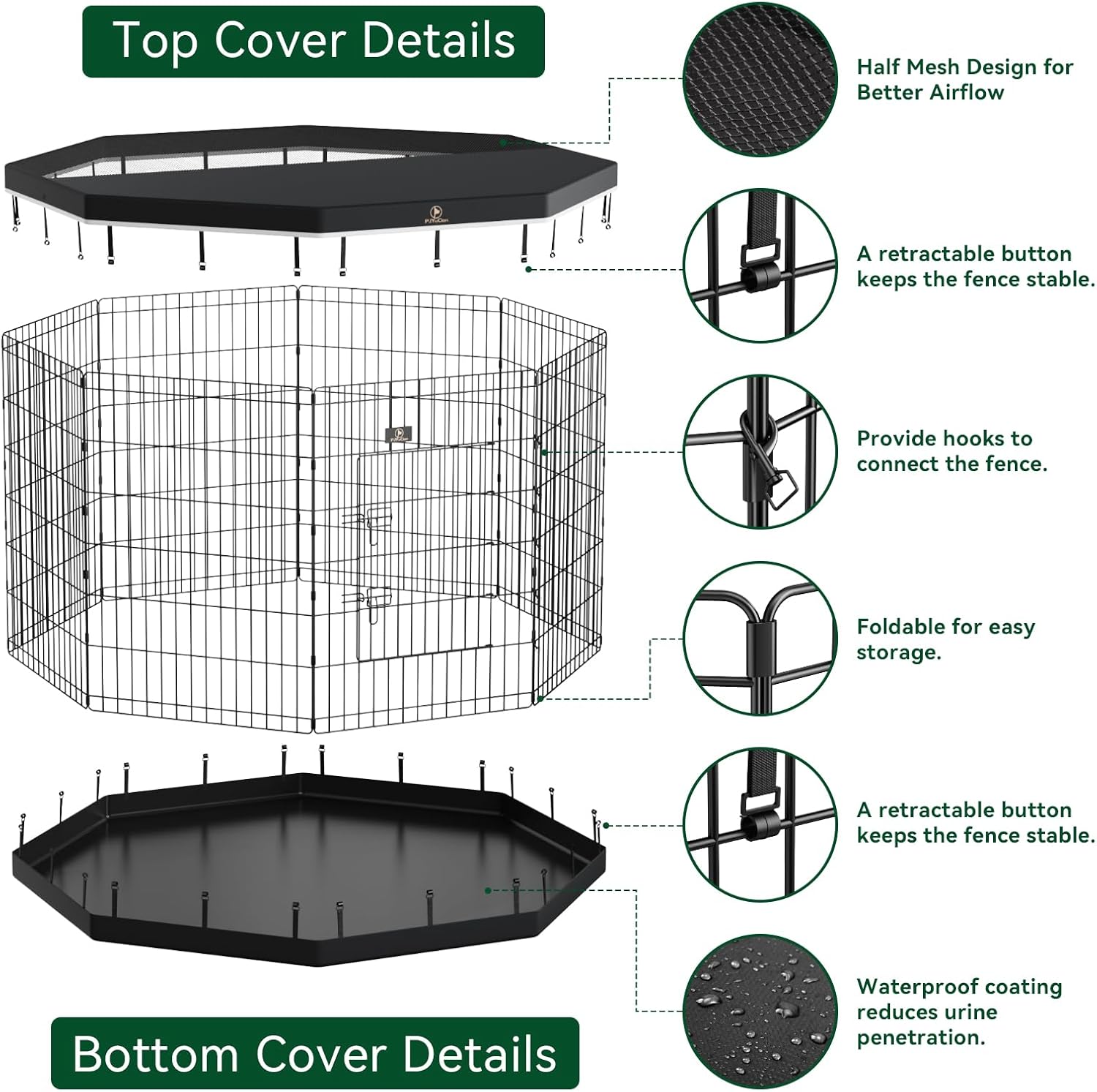 PJYuCien Dog Playpen, 8 Panels 42’’H Dog Pens Indoor with Bottom Pad and Top Cover, Metal Foldable Pet Puppy Exercise Fence Crate Kennel, Better for Medium and Big Animals,Black