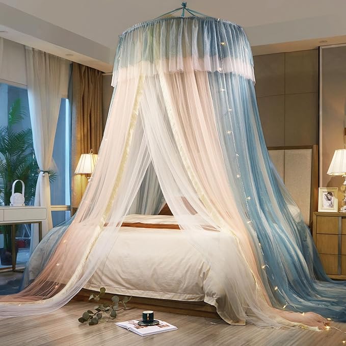 AIKASY Princess Bed Canopy for Girls & Adults, Elegant Double-Layer Bed Curtain, Children's Dream Round Lace Mosquito Net - Fits Twin, Full, Queen, and King Beds(Blue/Pink/White)