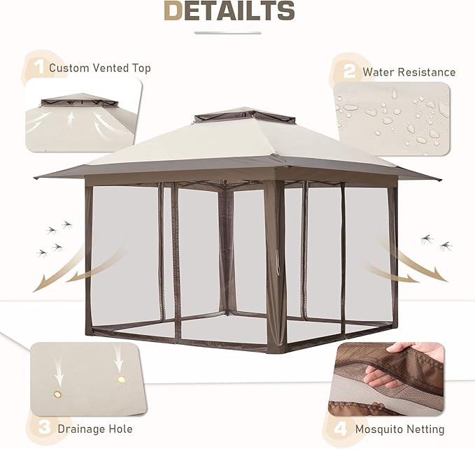 EAGLE PEAK 13x13 Pop Up Gazebo with Mesh Netting, Easy Up Screened Canopy for Patio and Backyard, Easy Set up Outdoor Gazebo (Beige/Brown)