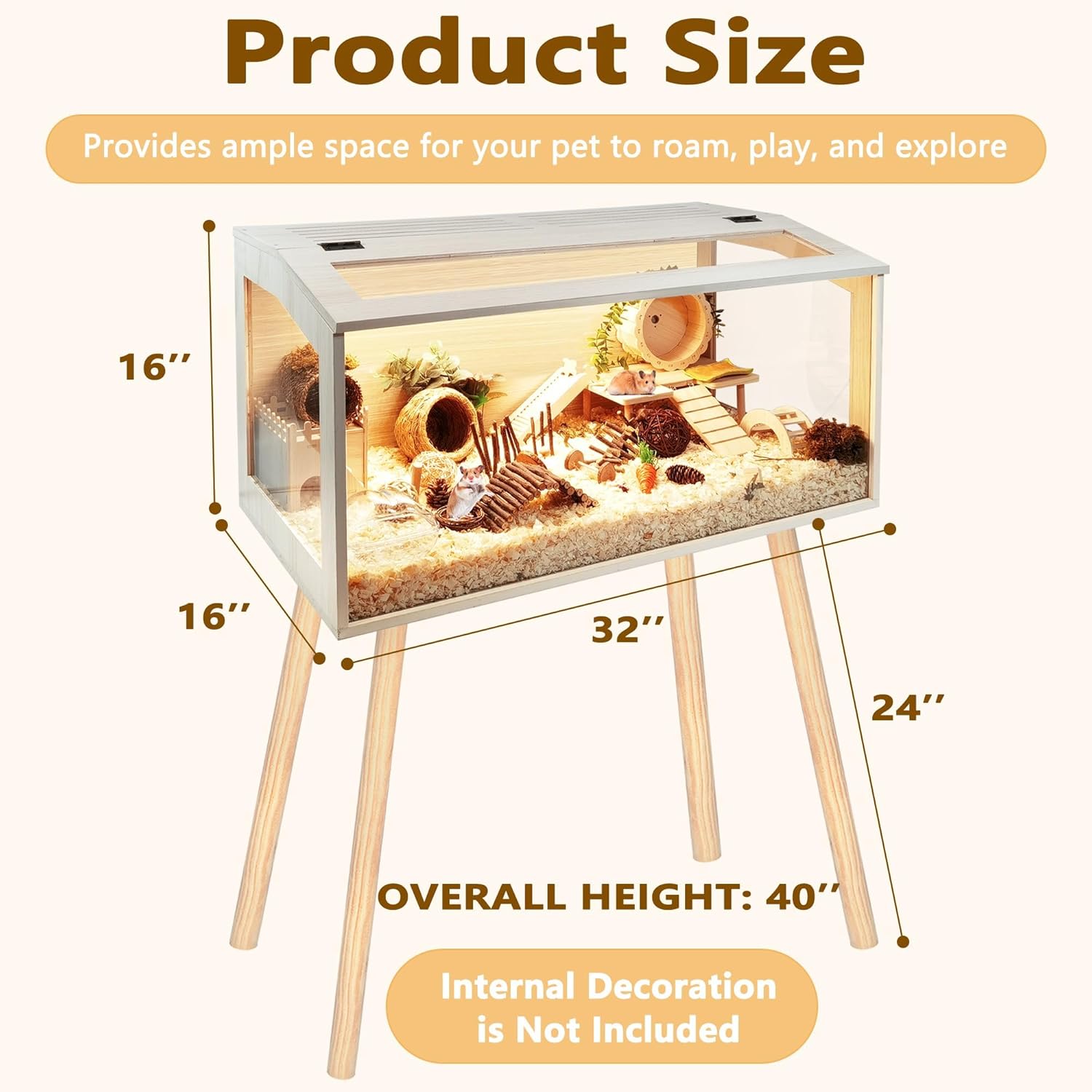 Prolee Hamster Cage with Legs Chew Proof Hamster Habitat Guinea Pig Cages, Hamster House, Hamster Cages and Habitats (32" L x 16" W x 40" H, Thick Wood Roof)