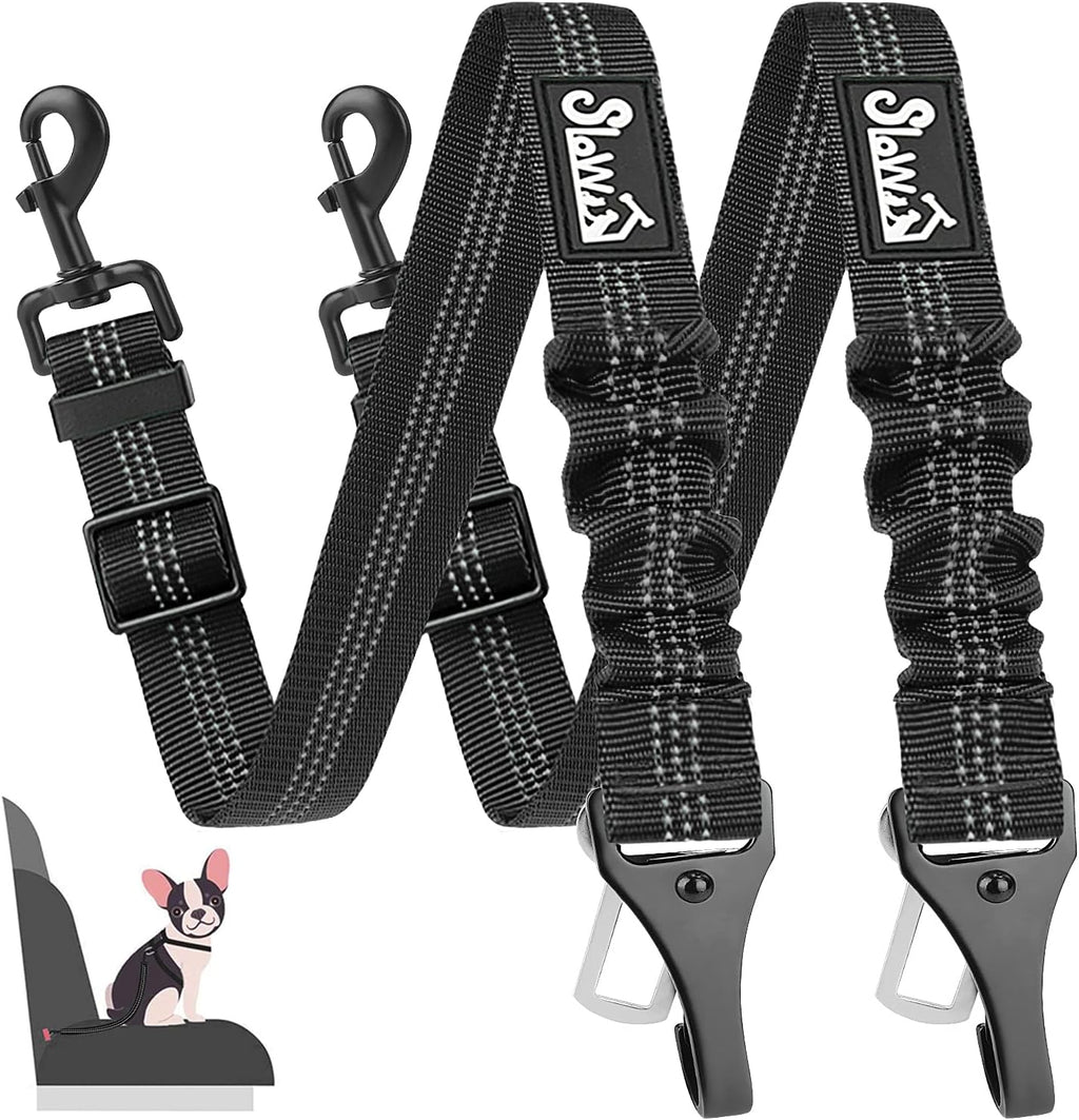 SlowTon Dog Seat Belt, Adjustable Dog Safety Belt Leash, 2 in 1 Latch Bar Attachment Dog Car Seatbelt with Elastic Nylon Bungee Buffer, Reflective Nylon Belt Tether Connect to Dog Harness (2Black)