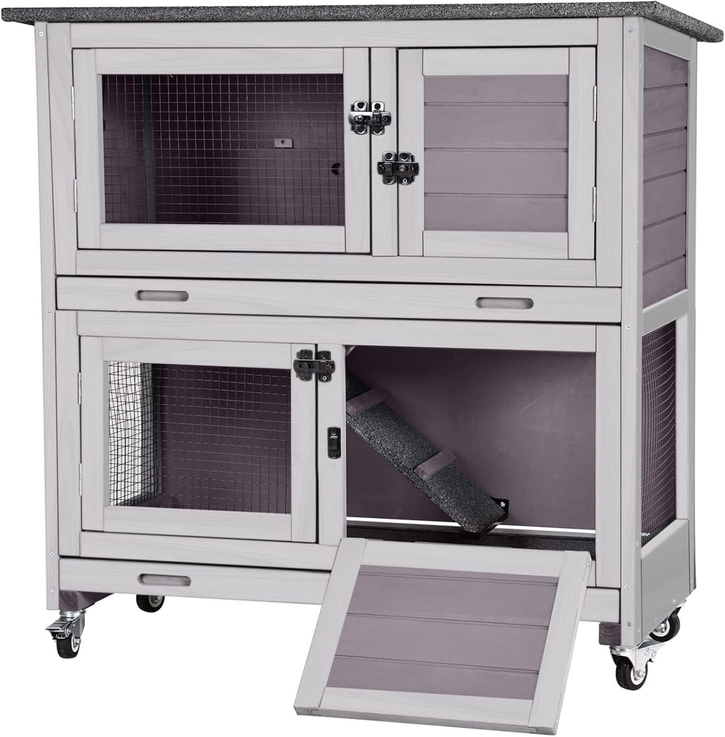Rabbit Hutch Bunny Cage, Guinea Pig Cage Bunny Hutch Indoor, Wood Pet Cage with 4 Casters -2 Story & 2 Trays