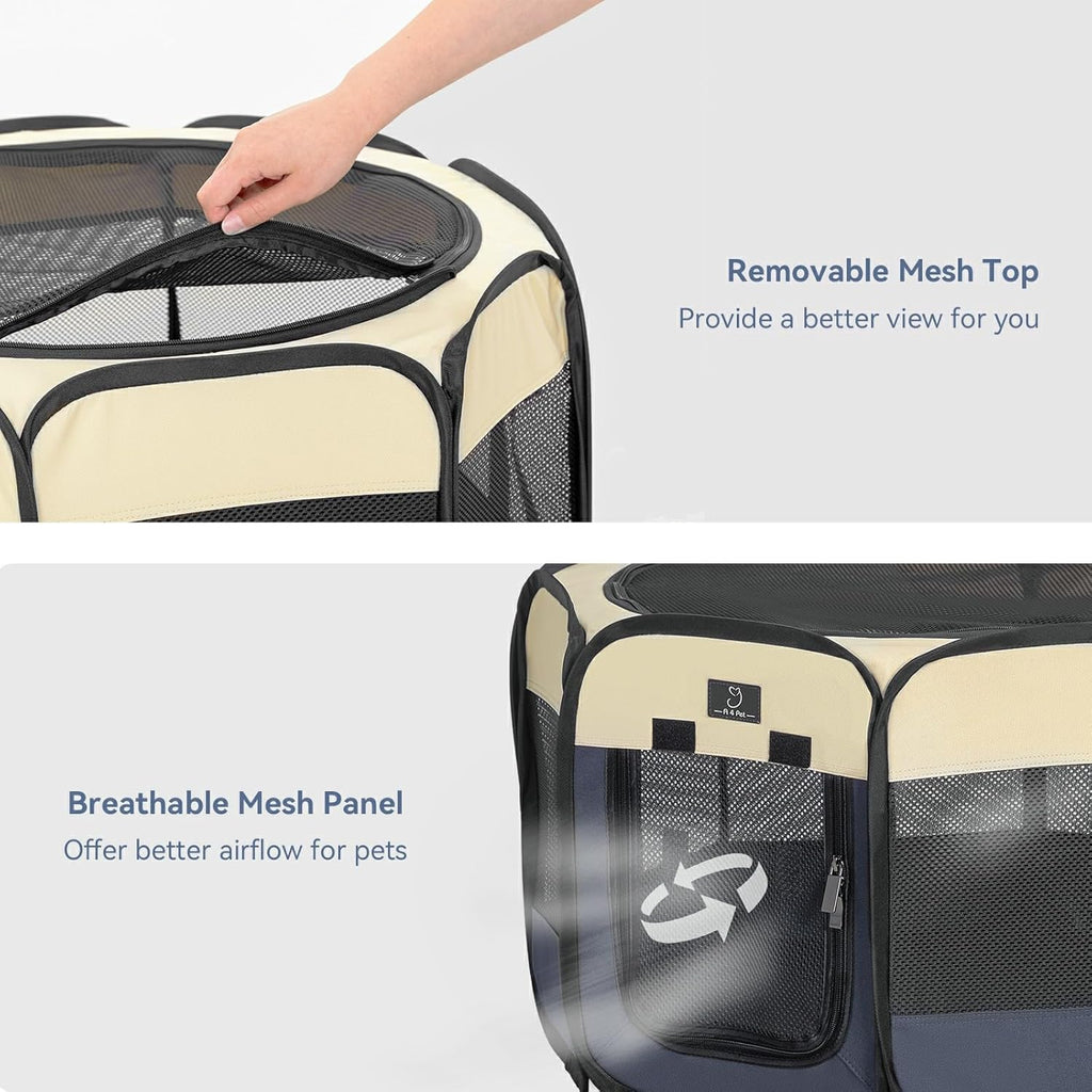 A 4 Pet Portable Dog Playpen, 49” Playpen for Dogs with Bowl, Suitable for Puppies, Kittens, and Small Animals, Removable Zipper & Mesh Panel(19”W × 12”H)