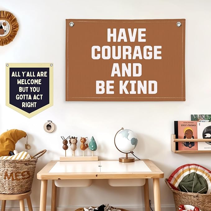 Lacama Boy Nursery Decor, Boys Room Playroom Decor, Have Courage and Be Kind Linen Banner Wall Hanging Banner Flag Decor for Nursery Toddler Room, Boys Kids Rooms Decor 20x30 Inch