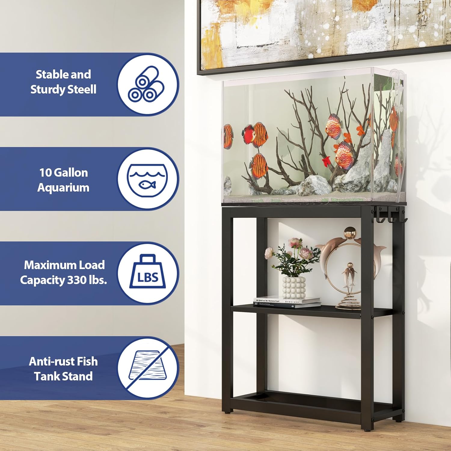 10-20 Gallon Fish Tank Stand with Storage Shelf, Aquarium Stand Measuring 24.8" W x 9.5" D x 30.1" H with Hooks,Heavy Duty Metal Turtle Reptile Tank Stand, Easy Assemble