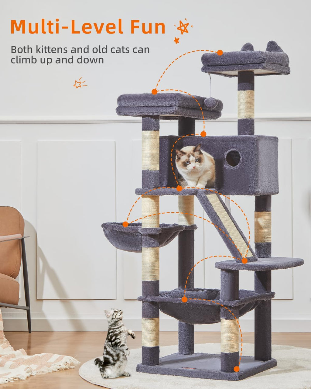Taoqimiao Cat Tree 57.5-Inch, Cat Tower for Indoor Cats Large Adult, Extra Large Cat Condo, 8 Sisal Scratching Posts, Metal Frame Cozy Hammock, Durable Scratch Board, 2 Top Perches, Smoky Gray MS026G