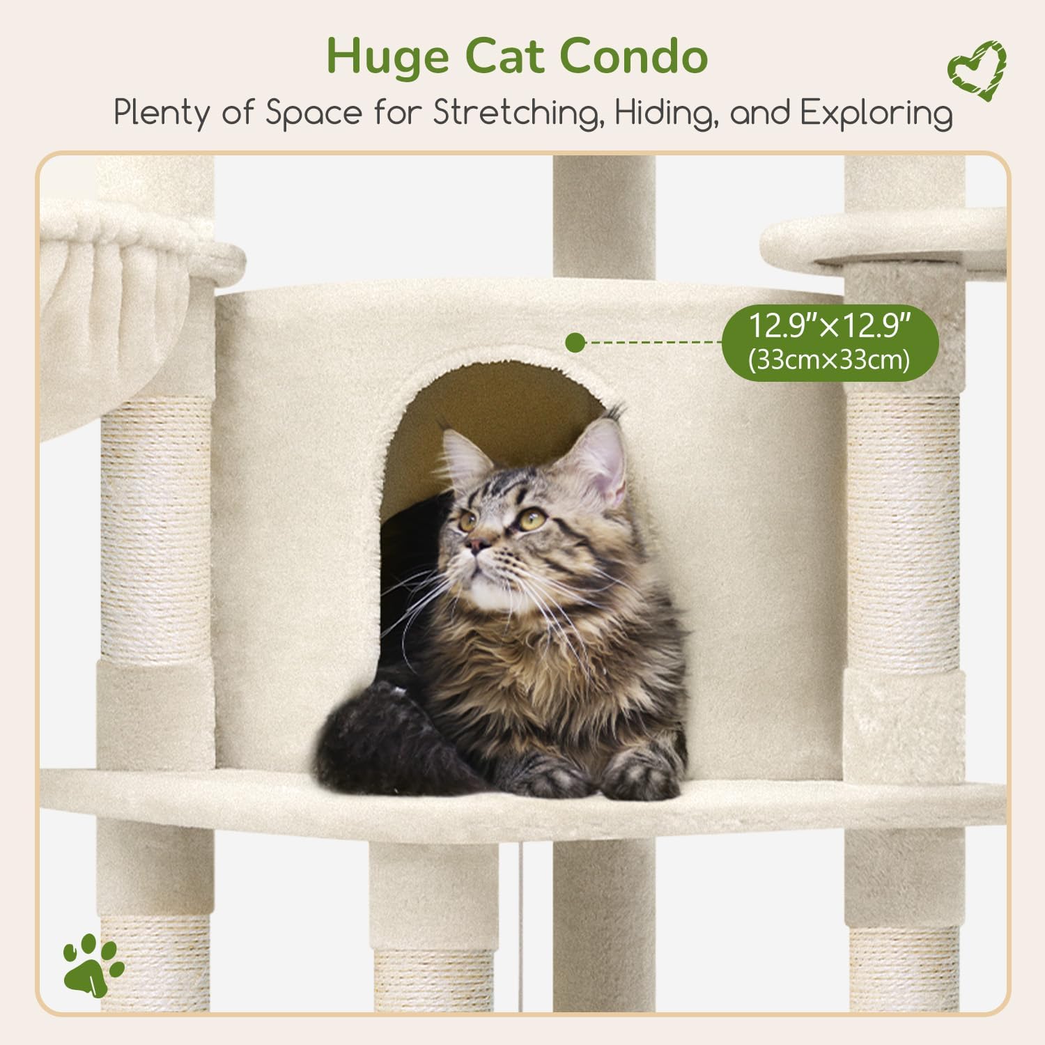 Globlazer Corner Cat Tree Tower with Scratching Post for Indoor Cats, 51in Plush Multi-Level Cat Tower with Large Hammock, Fan-Shaped Padded Perch, Spacious Cat Condo, Hanging Basket, C51, Light Beige