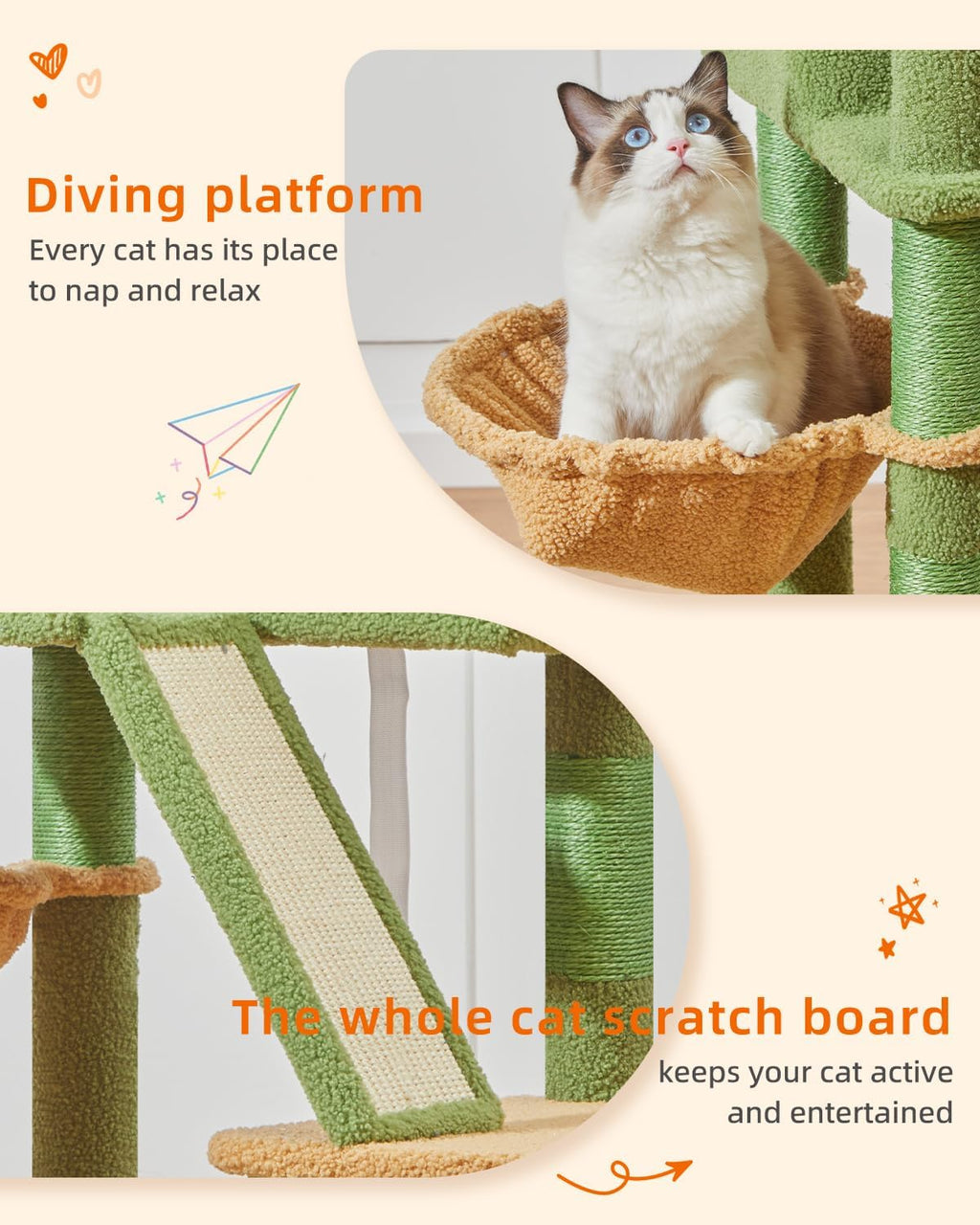Taoqimiao Cactus Cat Tree, 57.5-Inch Cat Tower for Indoor Cats Large Adult, Extra Large Cat Condo, 8 Sisal Scratching Posts, Metal Frame Cozy Hammock, Durable Scratch Board, 2 Top Perches, MSC026