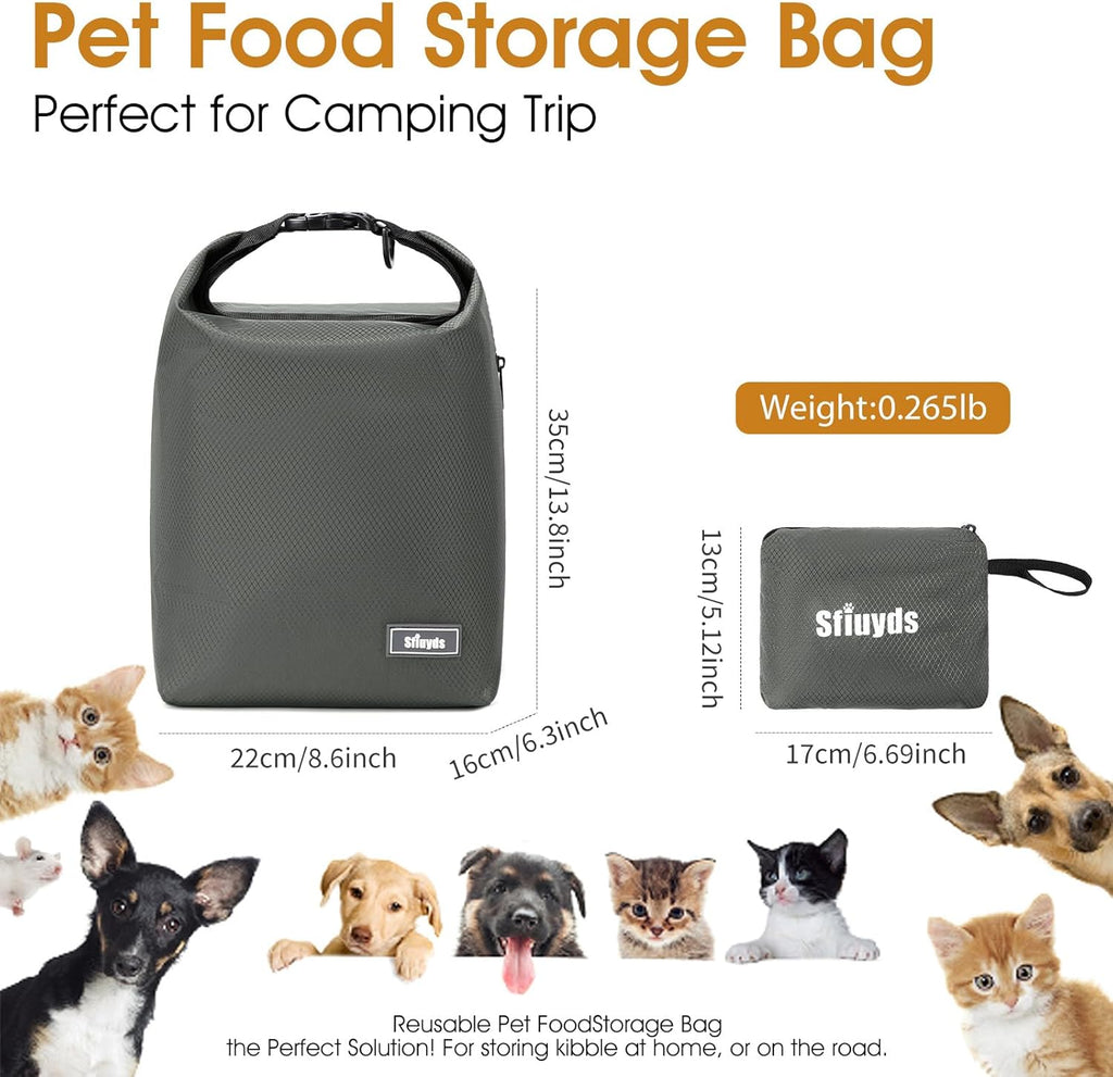 Waterproof Pet Food Storage Bag,Dog Food Container 12 lb w/2PCS Collapsible Dog Travel Bowls and Zipper Side Pocket(Gray, Small)