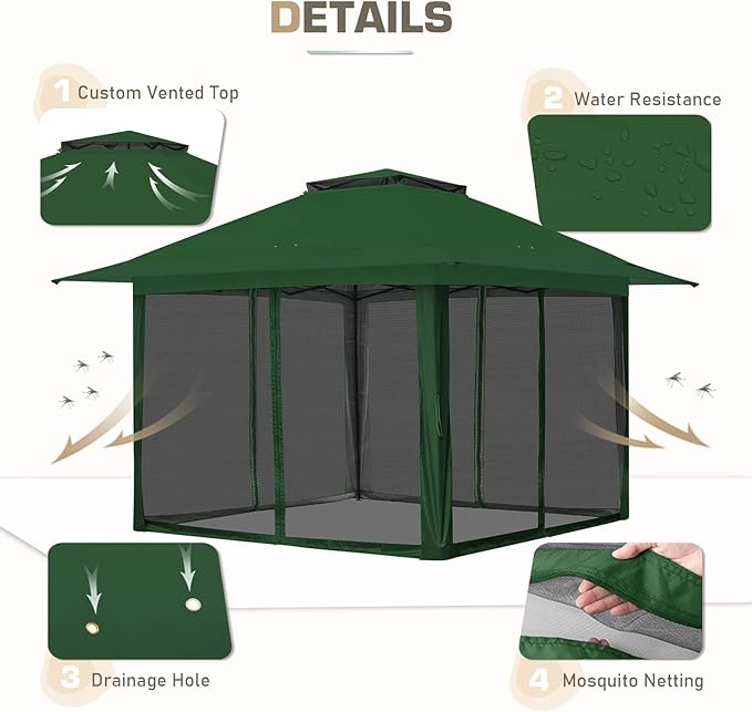 EAGLE PEAK 13x13 Pop Up Gazebo with Mesh Netting, Easy Up Screened Canopy for Patio and Backyard, Easy Set up Outdoor Gazebo (Green)