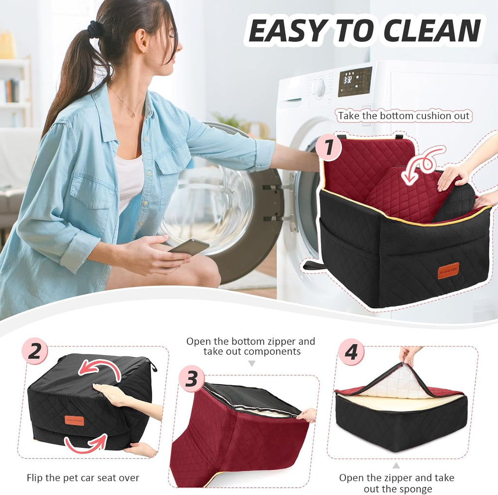 Dog Car Seat for Small Medium Dogs, Memory Foam Puppy Dog Booster Seat with Thick Cushion for Dogs Under 35lbs, Detachable Washable Pet Car Seat Travel Bed with Storage Pockets,2 Safety Belts