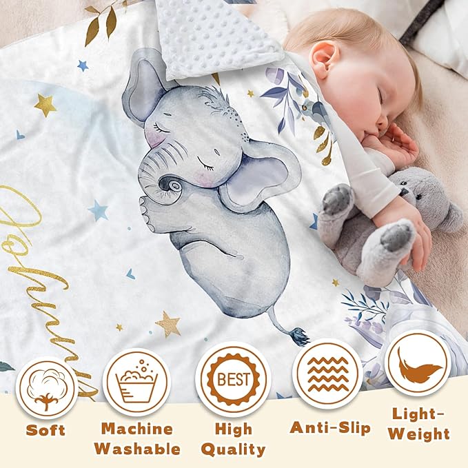 Personalized Baby Blanket for Boys Girls, Custom Baby Blanket with Name, Flannel Blue Elephant Blanket Personalized Gifts for Kids Newborn Infant, Ideal for Birthday Baby Shower(47" x60)