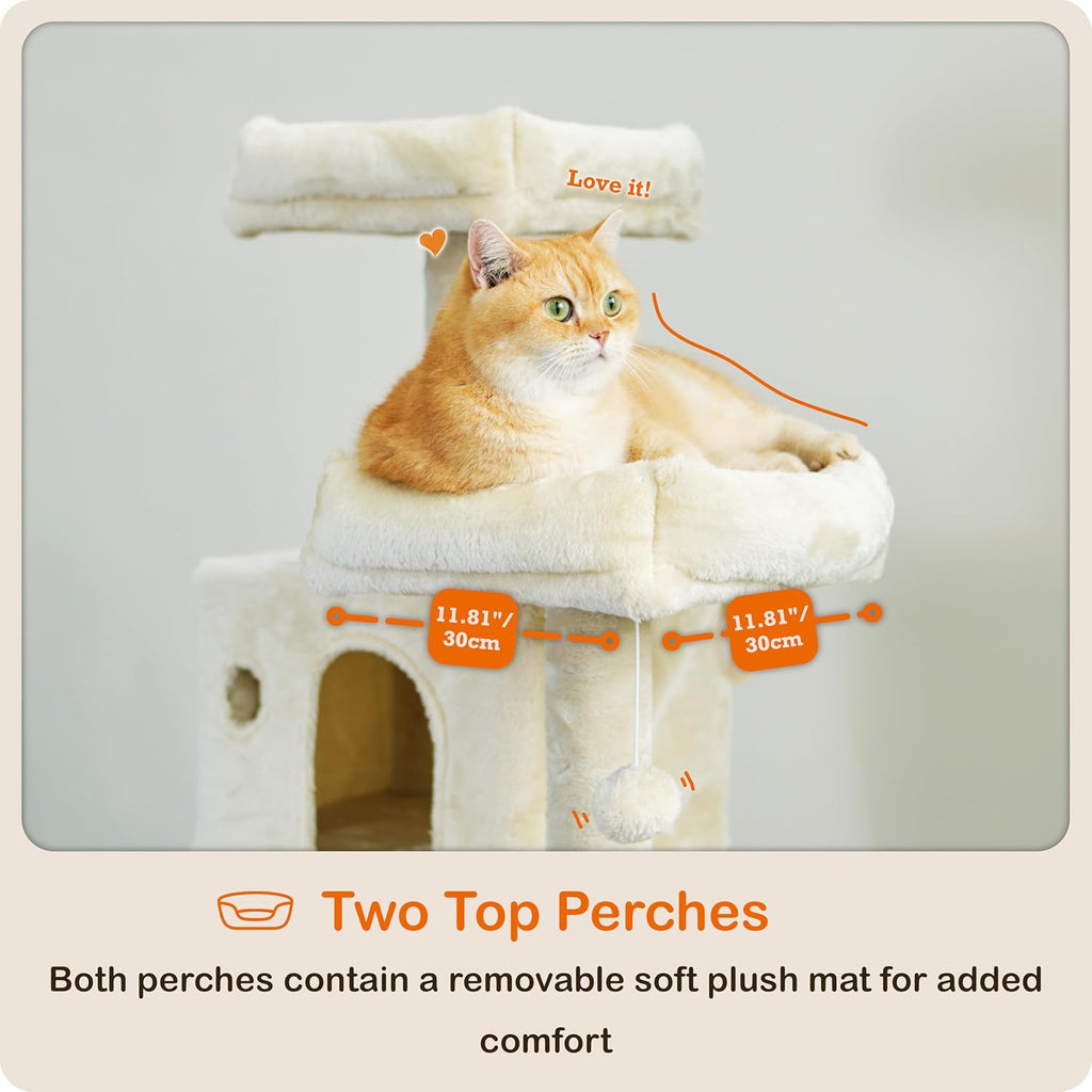 Ouritsu Cat Tree, 56 inch Tall Cat Tower for Large Cat Indoor, Large Condo, 2 Padded Perches, Steel-Framed Hammock, Scratching Post and ramp, Fluffy Basket, Beige, LF001WH