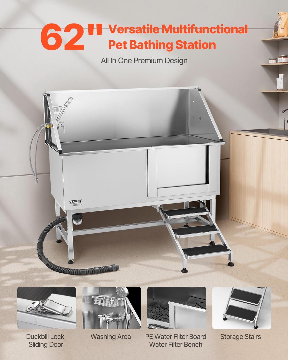 VEVOR Stainless Steel Dog Washing Station, 62 inch Pet Grooming Tub w/Stairs, PE Water Filter Board, Faucet & Showerhead & Soap Holder Dog Bathtub for Large & Medium & Small Pets (Right Door)