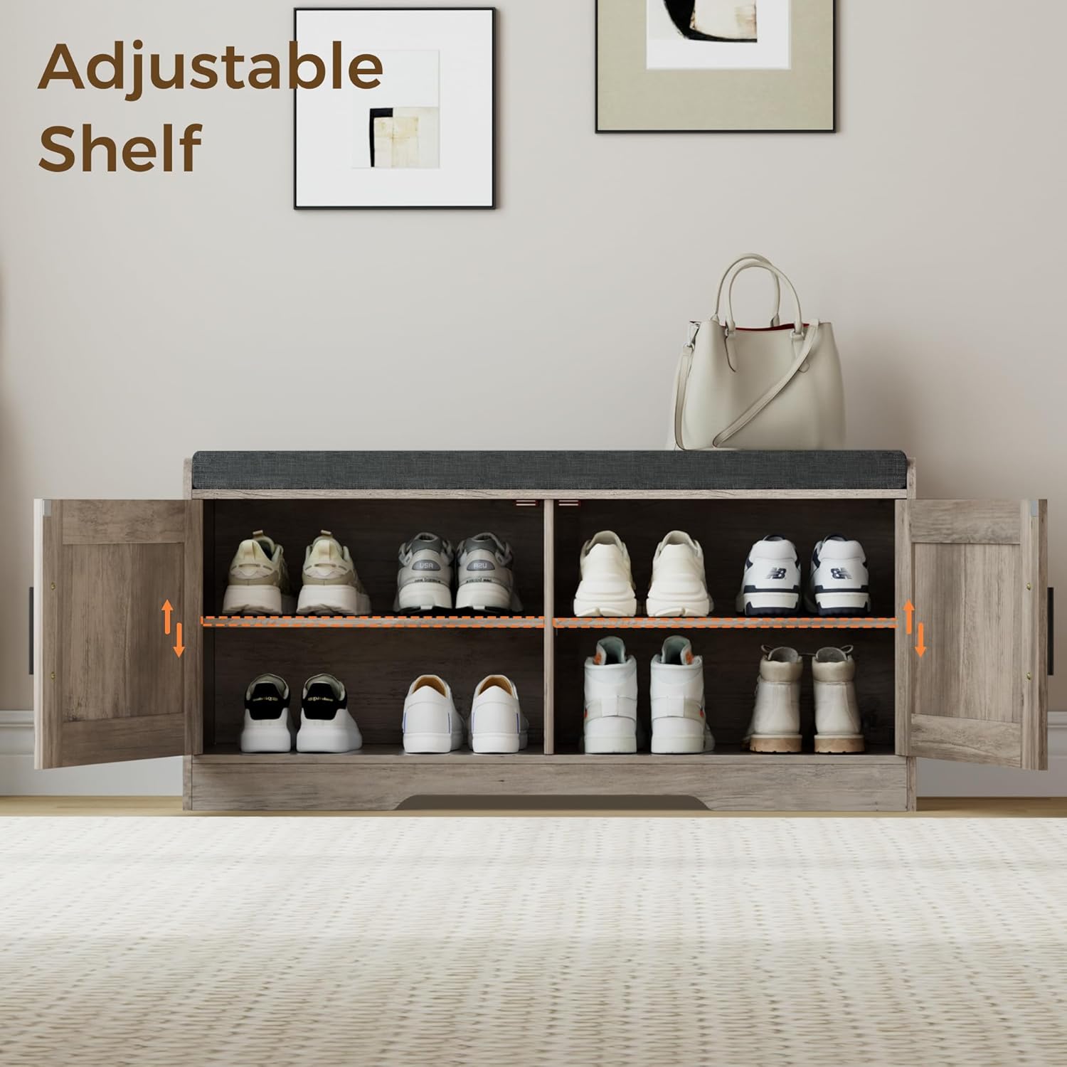 2-Tier Storage Bench, Shoe Bench with Thickened Padded Seat Cushion, Entryway Bench with 2 Doors, Adjustable Shelf, 13.8" D x 37.4" W x 18.5" H, for Entryway, Living Room, Bedroom, Greige
