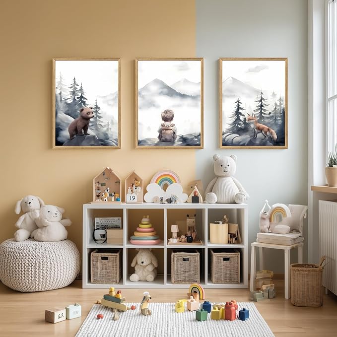 Cyebmo Woodland Boy Nursery Wall Art Set of 3, Whimsical Boy Adventure Wall Decor, Mountain Forest Animal Bear Fox Canvas Painting for Classroom Kids Room Baby Nursery Wood Framed 12"x16"x3