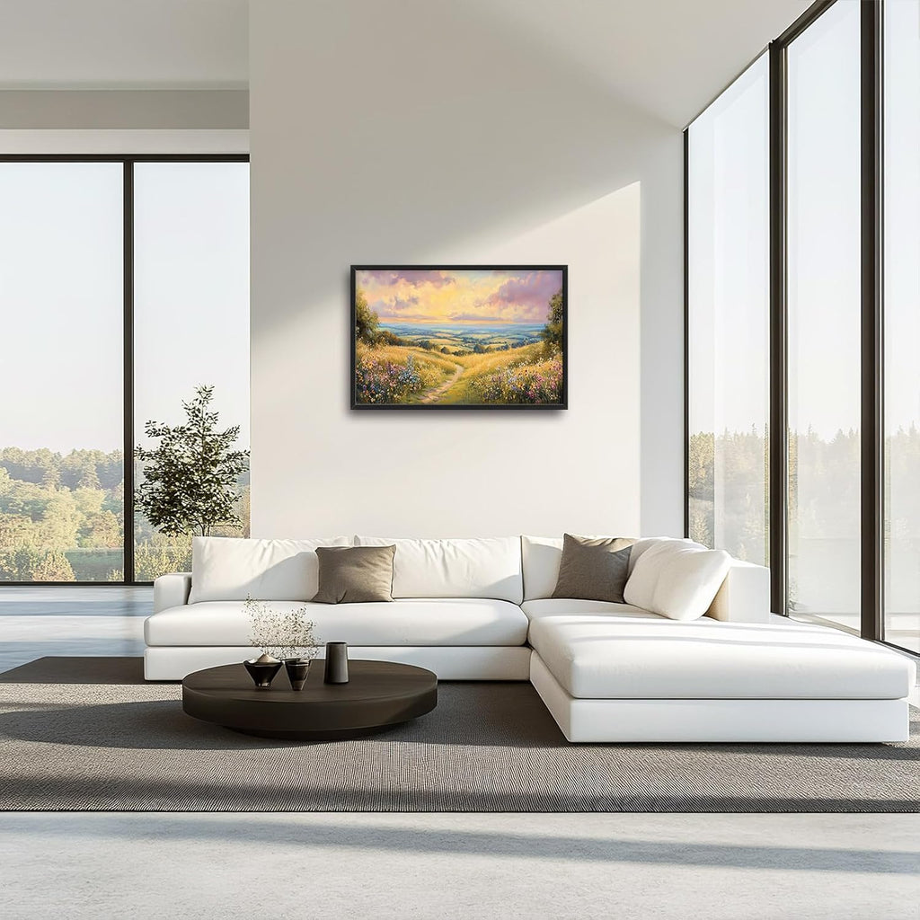 Framed Large Rustic Wall Art for Living Room, Oversized Farmhouse Countryside Nature Landscape Wall Decor Wildflower Field Canvas Painting Floral Pictures Modern Artwork for Bedroom Office 36"x24"