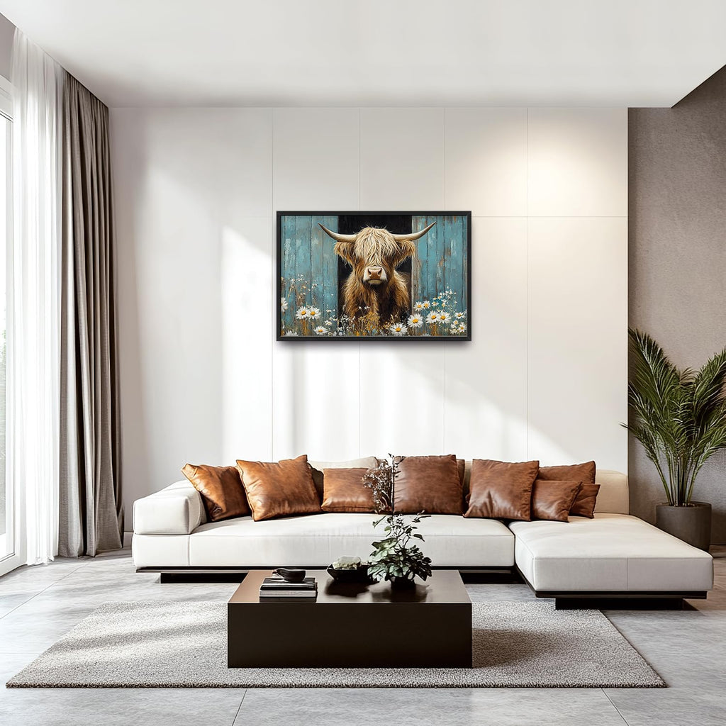 Large Farmhouse Highland Cow Country Wall Art for Living Room, Floral Canvas Oversized Wall Decor, Daisy Flower Animal Framed Pictures Painting Print Artwork for Bedroom Office 36"L x 24"W