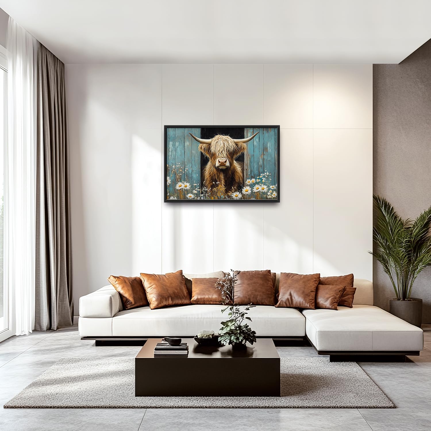 Large Farmhouse Highland Cow Country Wall Art for Living Room, Floral Canvas Oversized Wall Decor, Daisy Flower Animal Framed Pictures Painting Print Artwork for Bedroom Office 36"L x 24"W