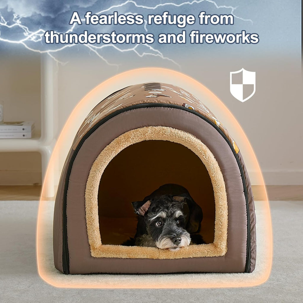 Jiupety Indoor Dog House, 2-in-1 Portable Foldable House Bed with Cover, Pet Tent & Cave Bed for Medium Dogs, XL(29"×21"×20"), Up to 44 Lb, Brown
