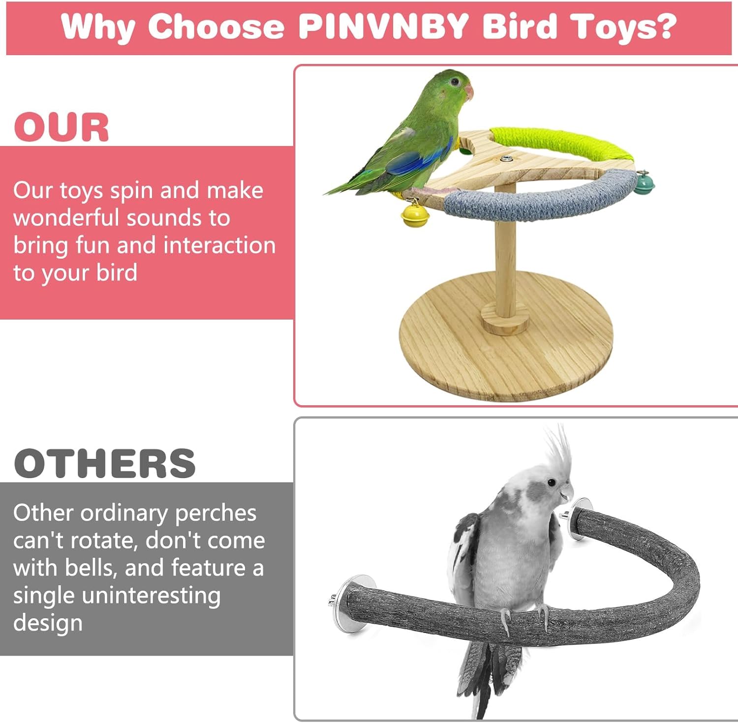PINVNBY Bird Stand Perch Toy Wooden Spinning Parrot Perch with Cotton Rope and Bell Interactive Cockatiel Toy Bird Cage Accessories for Parakeets Conures Budgies Finches Lovebirds
