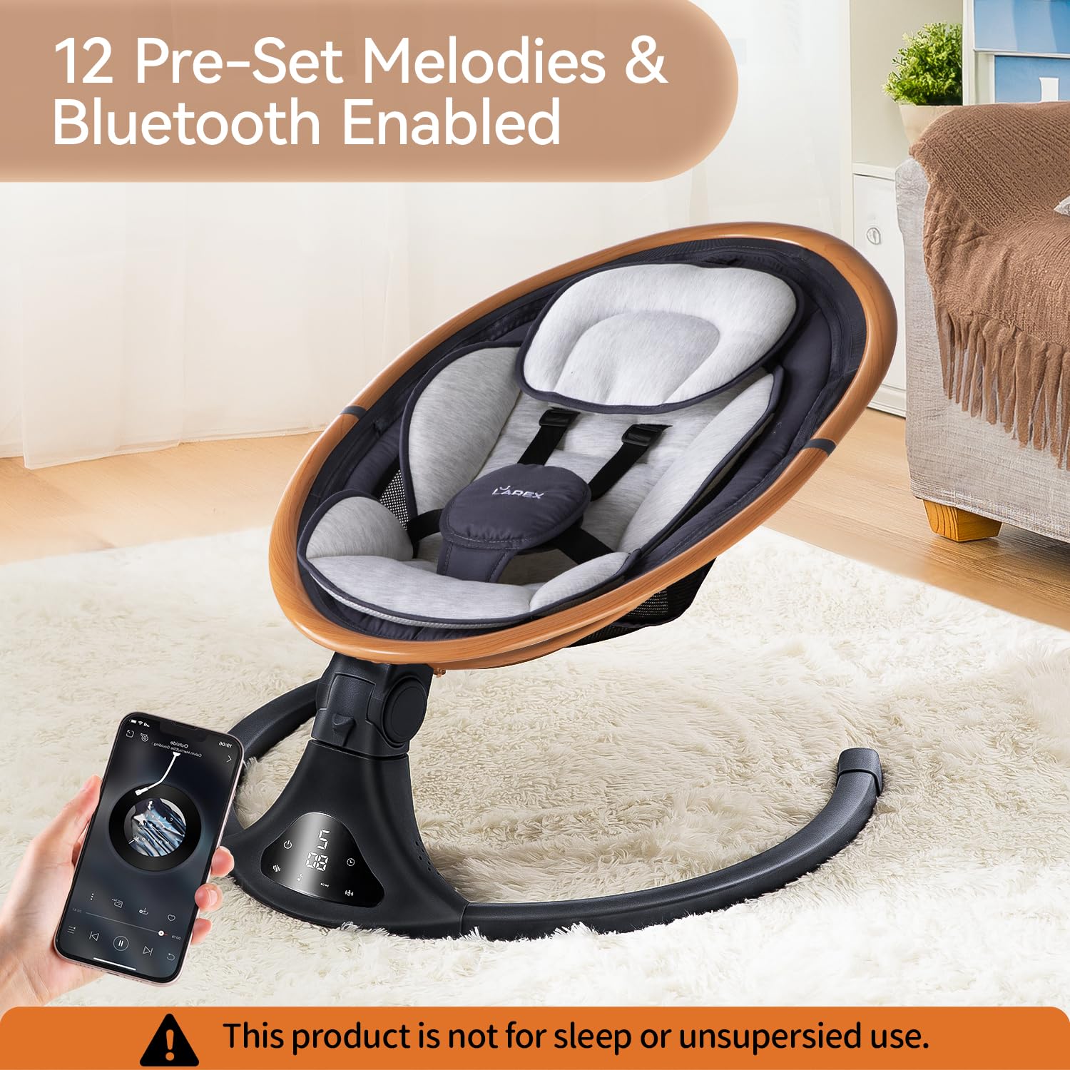 LAREX Baby Swing to Toddler Electric Infant Swing Portable for Newborn Boy Girl, 5 Sway Speeds with Remote Control, 12 Preset Melodies and Bluetooth, 0-6 Months Max 20 Lbs (Gray)