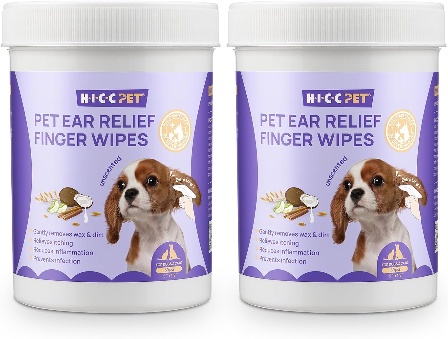 HICC PET Dog Ear Wipes Finger 100 Count Dog Ear Cleaner Wipes for Dogs & Cats, Dog Ear Infection Treatment to Relieve Ear Itching & Inflammation, Remove Ear Wax, Dirt, Smelly - Unscented