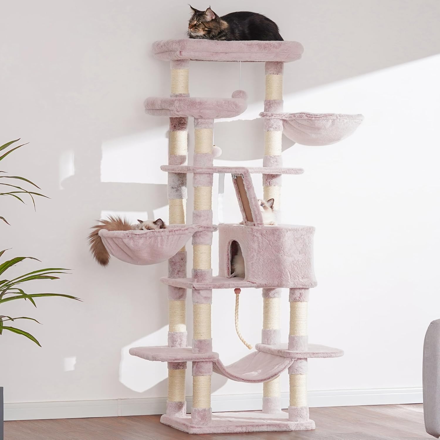 Heybly Cat Tree, 68 inch Multi-Level Cat Tower for Indoor Cats, 2 Widened Plush Perches Cat Condo with Scratching Board and Big Caves, Muchroom HCT025MU