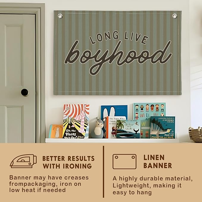 Lacama Green Long Live Boyhood Boys Room Decor, Boy Nursery Decor, Canvas Banner Wall Hanging Banner Flag Decor for Nursery Playroom Toddler Room, Boys Kids Rooms Decor, 30x20 Inch