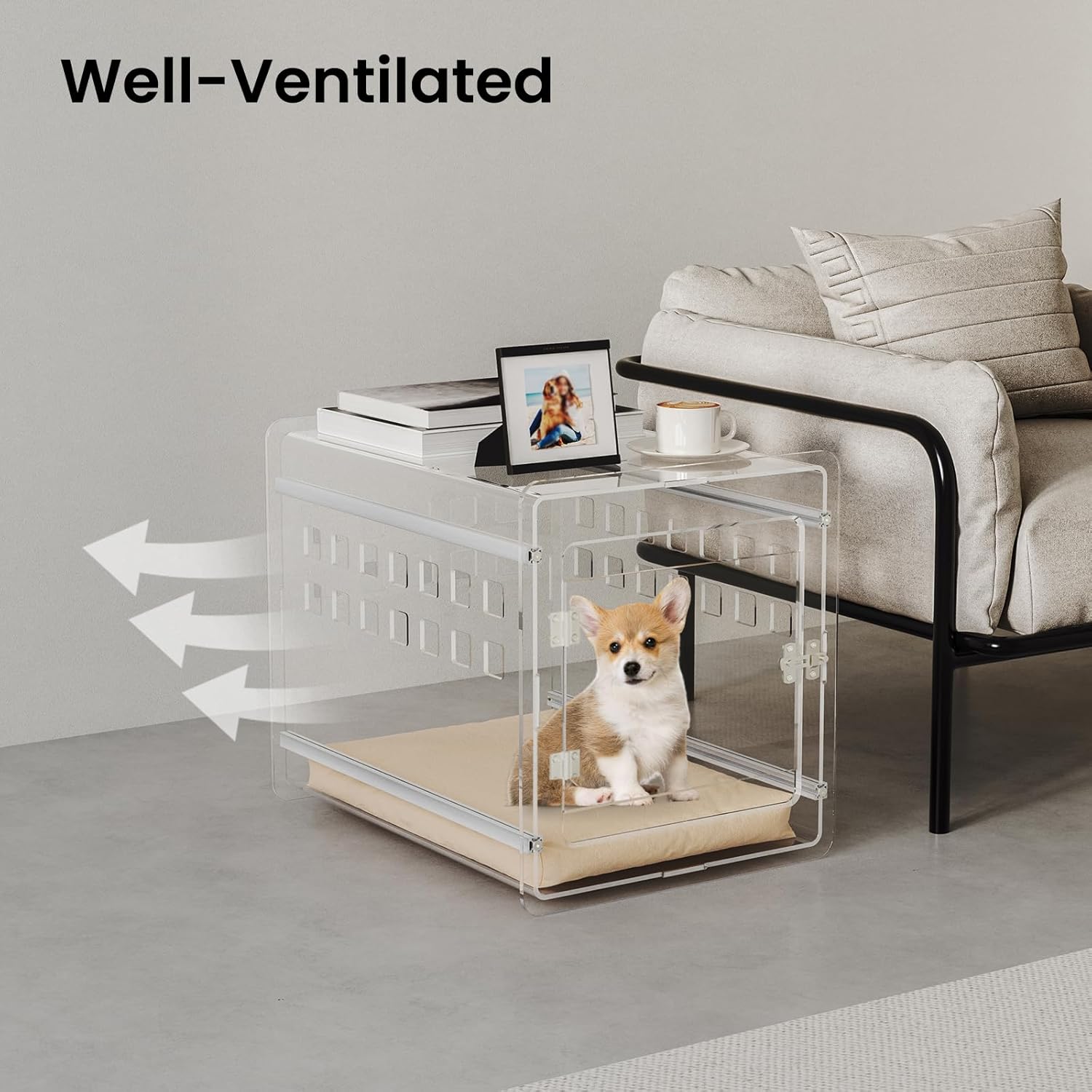Sumerflos Clear Acrylic Dog Crate - Modern Dog Kennel Furniture, Indoor End Table Dog Crate Lockable Ventilated for Most Small Dog Cat Pet, 24.05" L x 17.99" W x 20" H