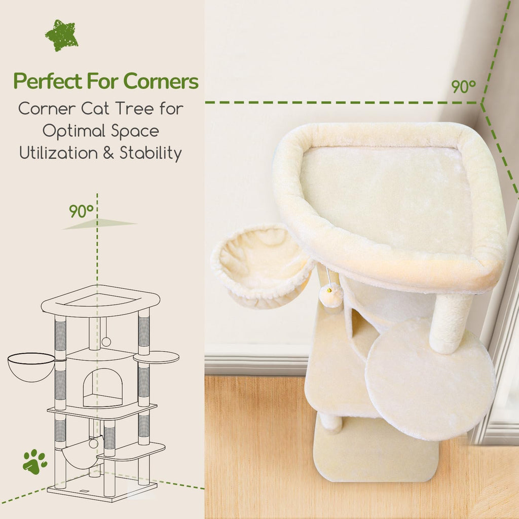 Globlazer Corner Cat Tree, 51in Curved Series Modern Cat Tower for Indoor Cats with Hammock, 7 Sisal Scratching Posts, Large Fan-Shaped Platform for Large Cats, Cat Condo & Hanging Basket, C51, Beige