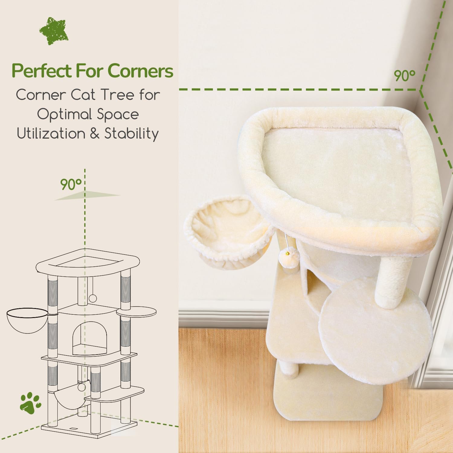 Globlazer Corner Cat Tree, 51in Curved Series Modern Cat Tower for Indoor Cats with Hammock, 7 Sisal Scratching Posts, Large Fan-Shaped Platform for Large Cats, Cat Condo & Hanging Basket, C51, Beige