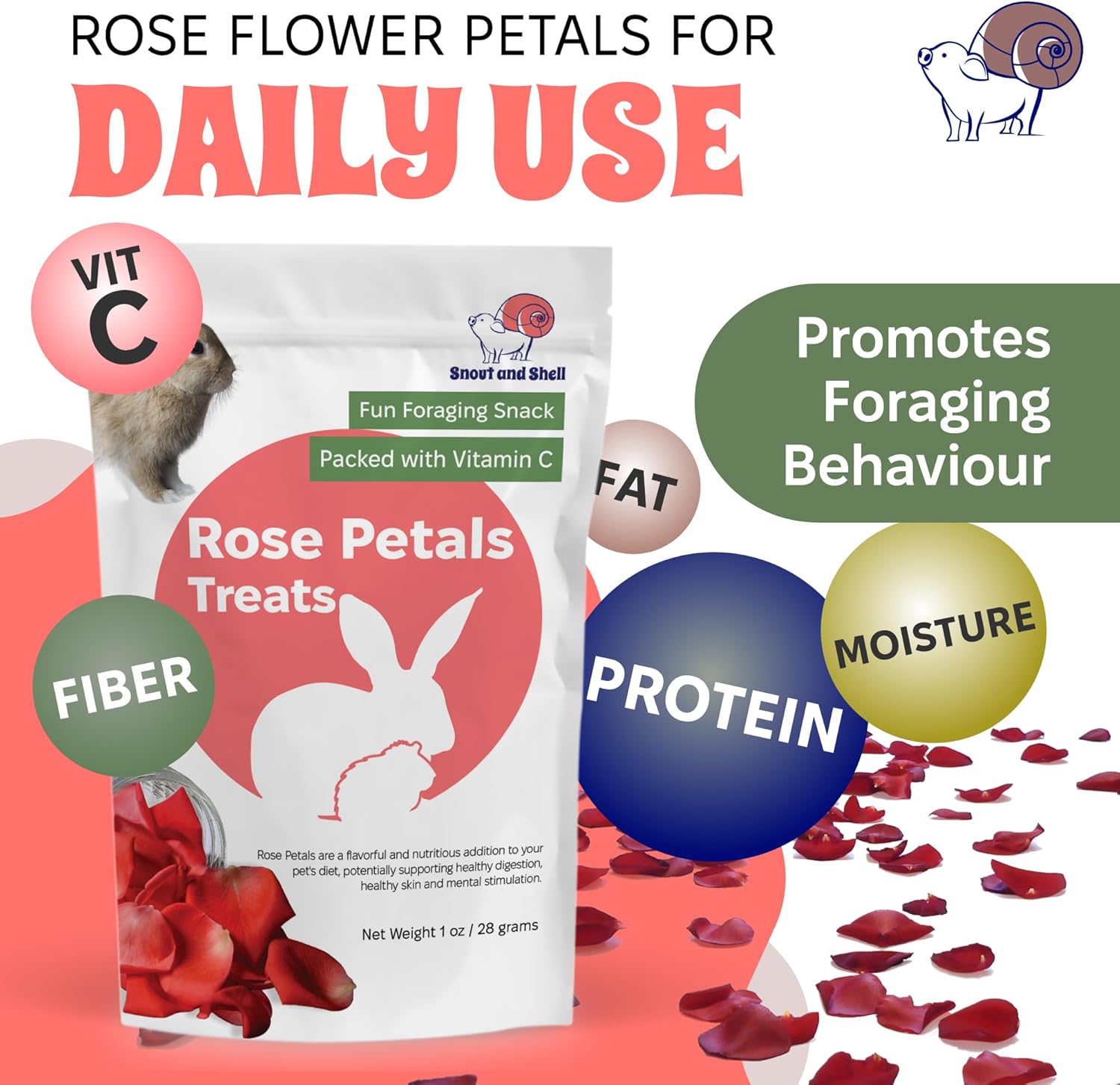 Snout and Shell Rose Petals Treats – Natural Snack for Rabbits, Guinea Pigs & Chinchillas – Vitamin C & Digestive Support, 1 oz