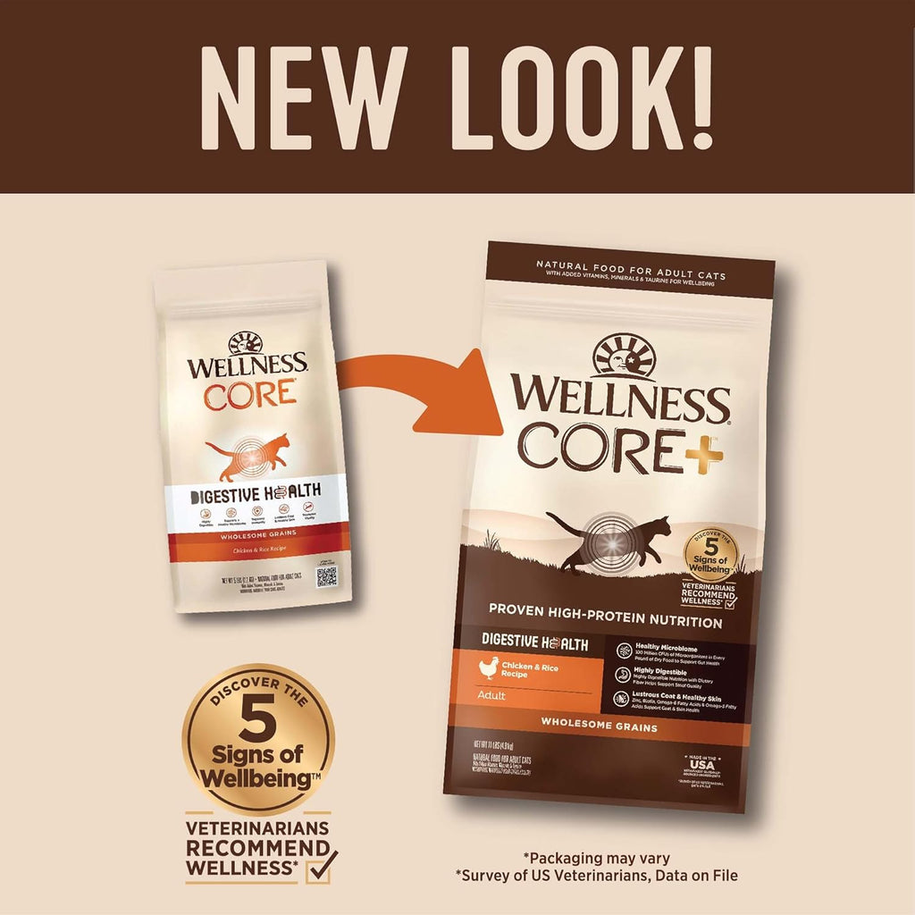 Wellness CORE+ Adult Dry Cat Food for Indoor and Outdoor Cats, Wholesome Grains, Natural, Digestive Health Chicken & Rice (11 Pound Bag)