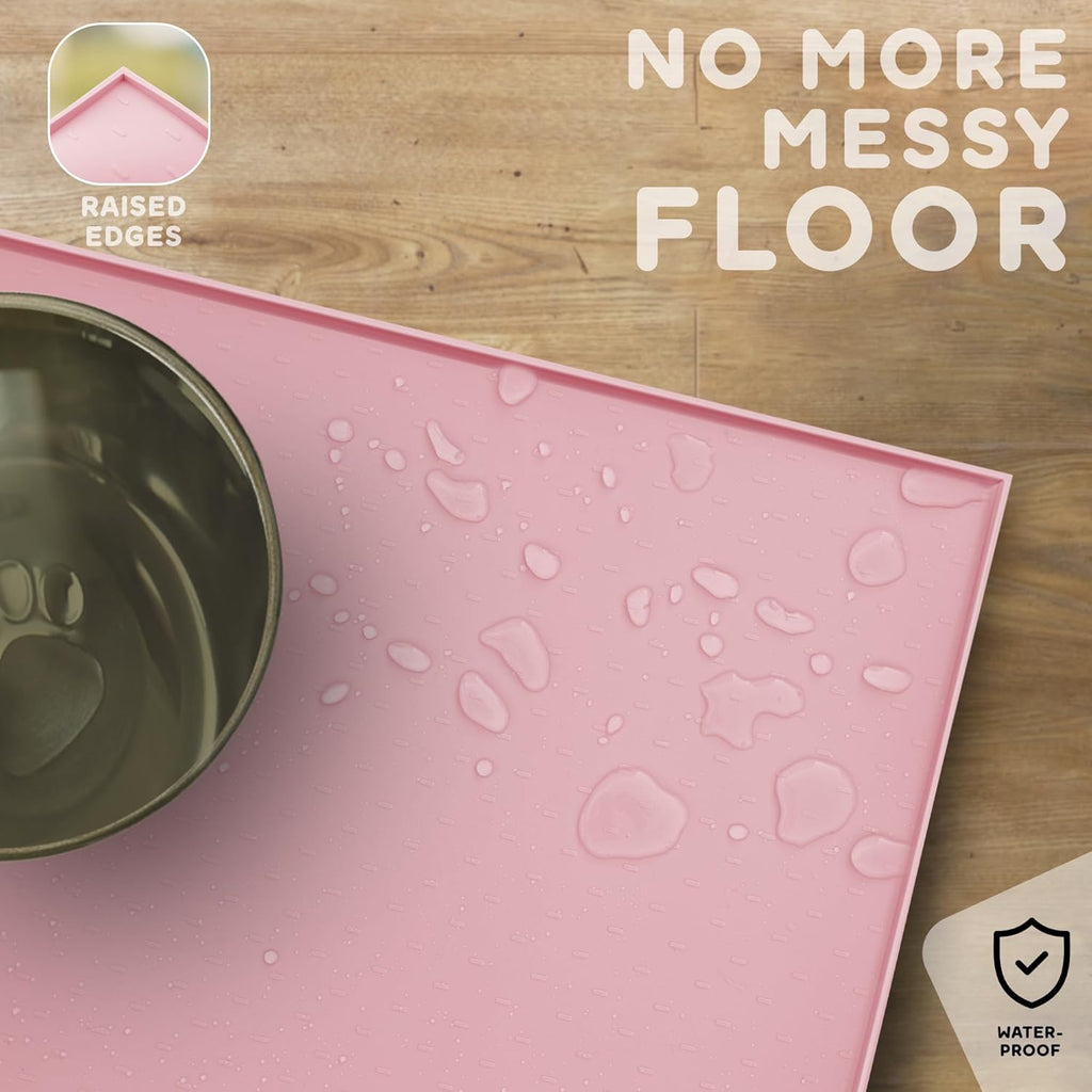 Dog Food Mat - 24x15 Raised Edges Dogs Mat for Food and Water Prevent Spill, Waterproof Cat Food Mats Protect Floors, Easy Clean Dog Bowl Mats for Food and Water, Silicone Pet Feeding Placemats Pink