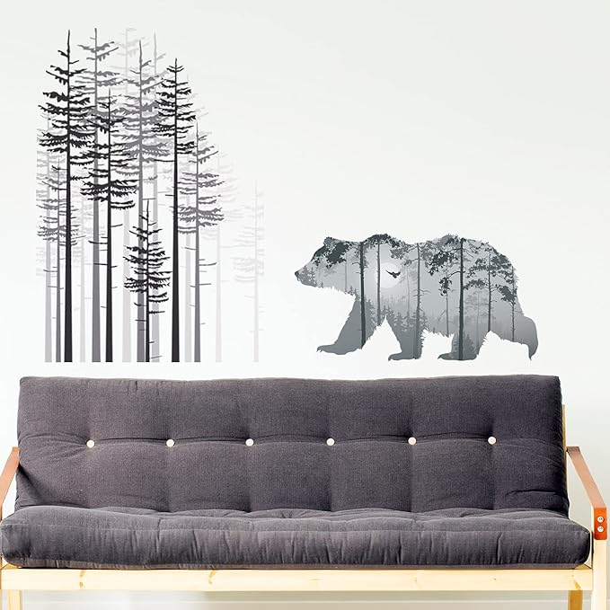 Outus 3 Sheets Mountain Forest Bear Wall Decals Stickers Pine Tree Wall Decals Woodland Trees Wall Stickers Forest Decals for Kids Nursery Bedroom Living Room Decor,11.8 x 35.4 Inches