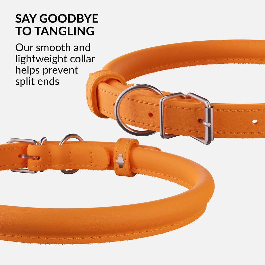 CollarDirect Rolled Leather Dog Collar, Soft Padded Round Puppy Collar, Handmade Genuine Leather Collar Dog Small Large Cat Collars 13 Colors (15-19 Inch, Orange Smooth)
