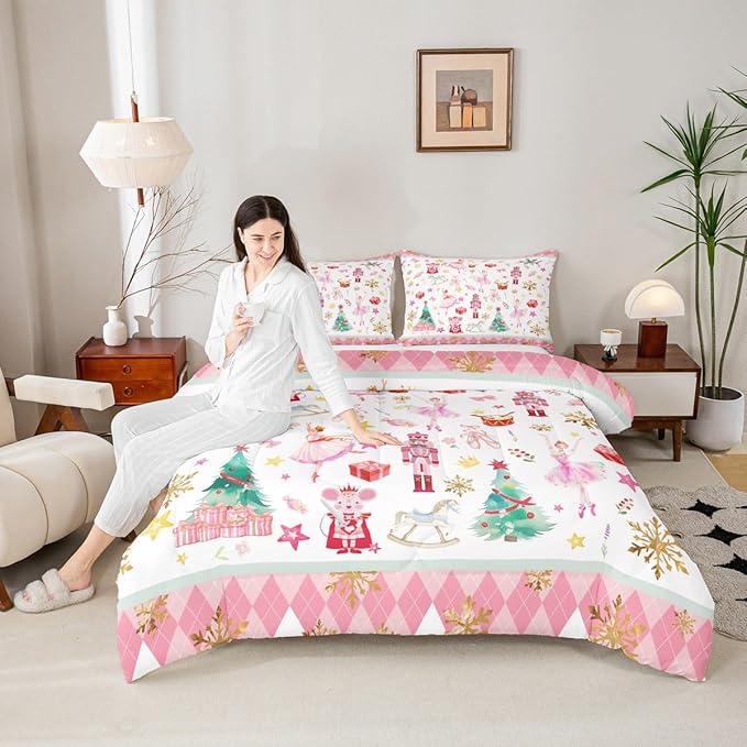 Feelyou Pink Christmas Kids Comforter Set Queen Size Ballet Nutcracker Bedding Set Snowflake Duvet Quilt for Kids Boys Girls Bedroom Decor Microfiber Ultra Soft Breathable
