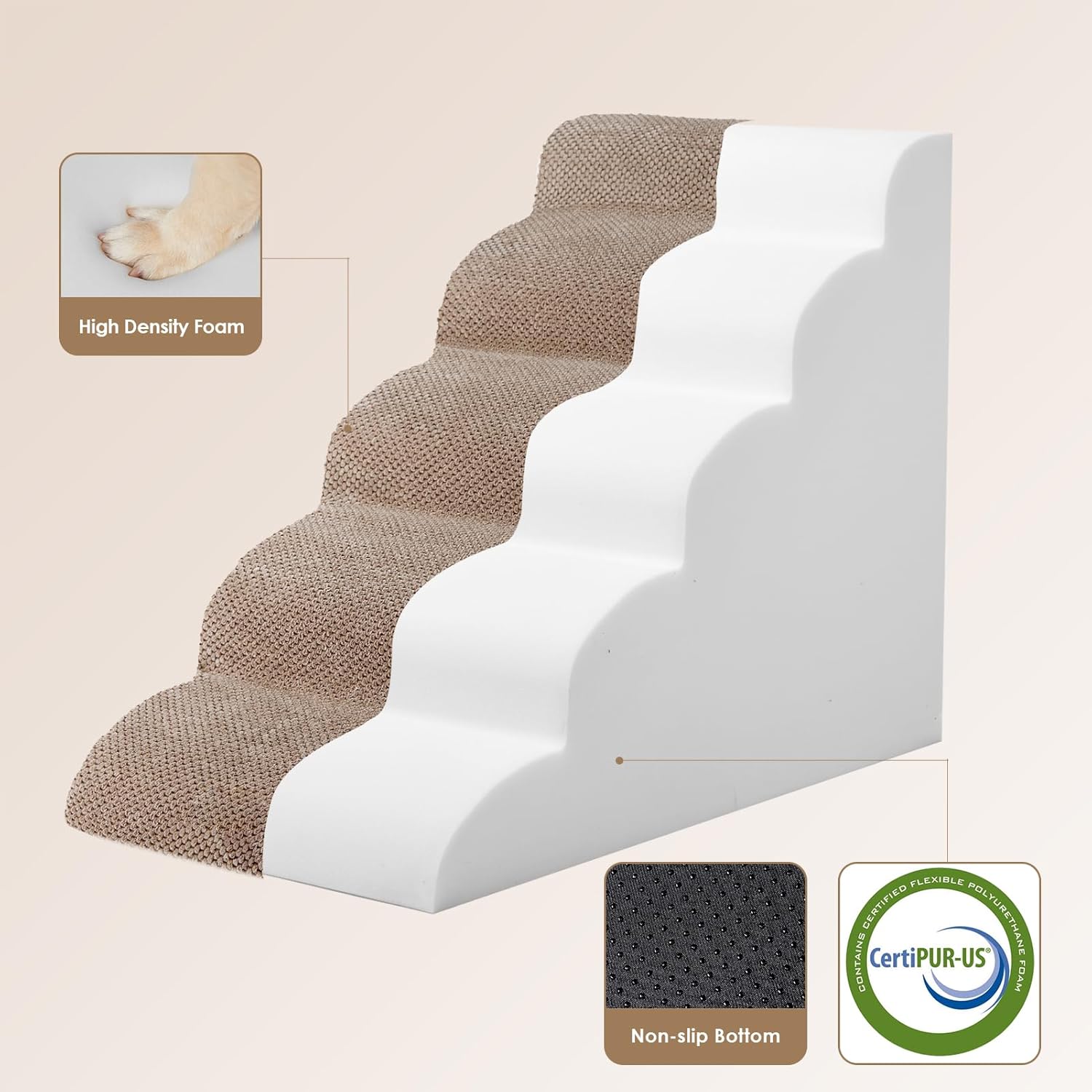 EHEYCIGA Curved Dog Stairs Ramp for High Beds 22.6" H, 5-Step Dog Steps for Small Dogs and Cats, Pet Stairs for High Bed Climbing, Non-Slip Balanced Pet Step Indoor, Camel