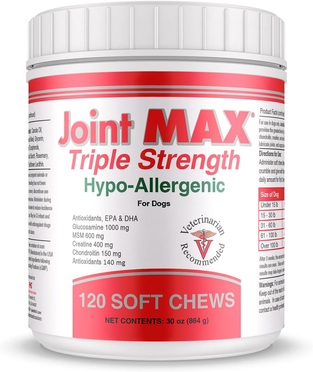 Triple Strength Hypo-Allergenic Soft Chews for Dogs - Hip and Joint Support Supplement with Glucosamine, Chondroitin, & MSM - Made in The USA - 120 Soft Chews