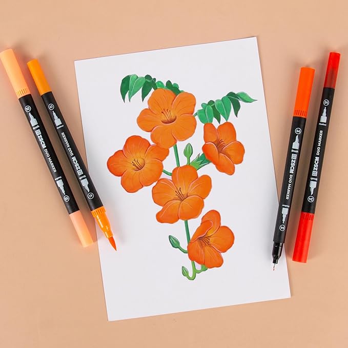 Orange Duo Tip Marker Pens, 12 Pack Fine & Brush Markers for Adult Coloring Books No Bleeding, Sunset Orange Markers for Autumn Scenes, Citrus Fruits, Vibrant Fills and Energetic Artworks