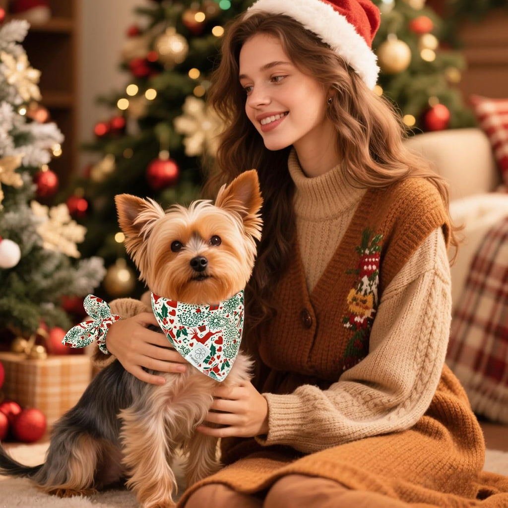 E-Clover Christmas Dog Bandanas & Matching Scrunchie Set White Green Red Dog Scarf Bibs Pet Bandana with Bow Tie for Small Dogs Puppy Owner Mom Winter