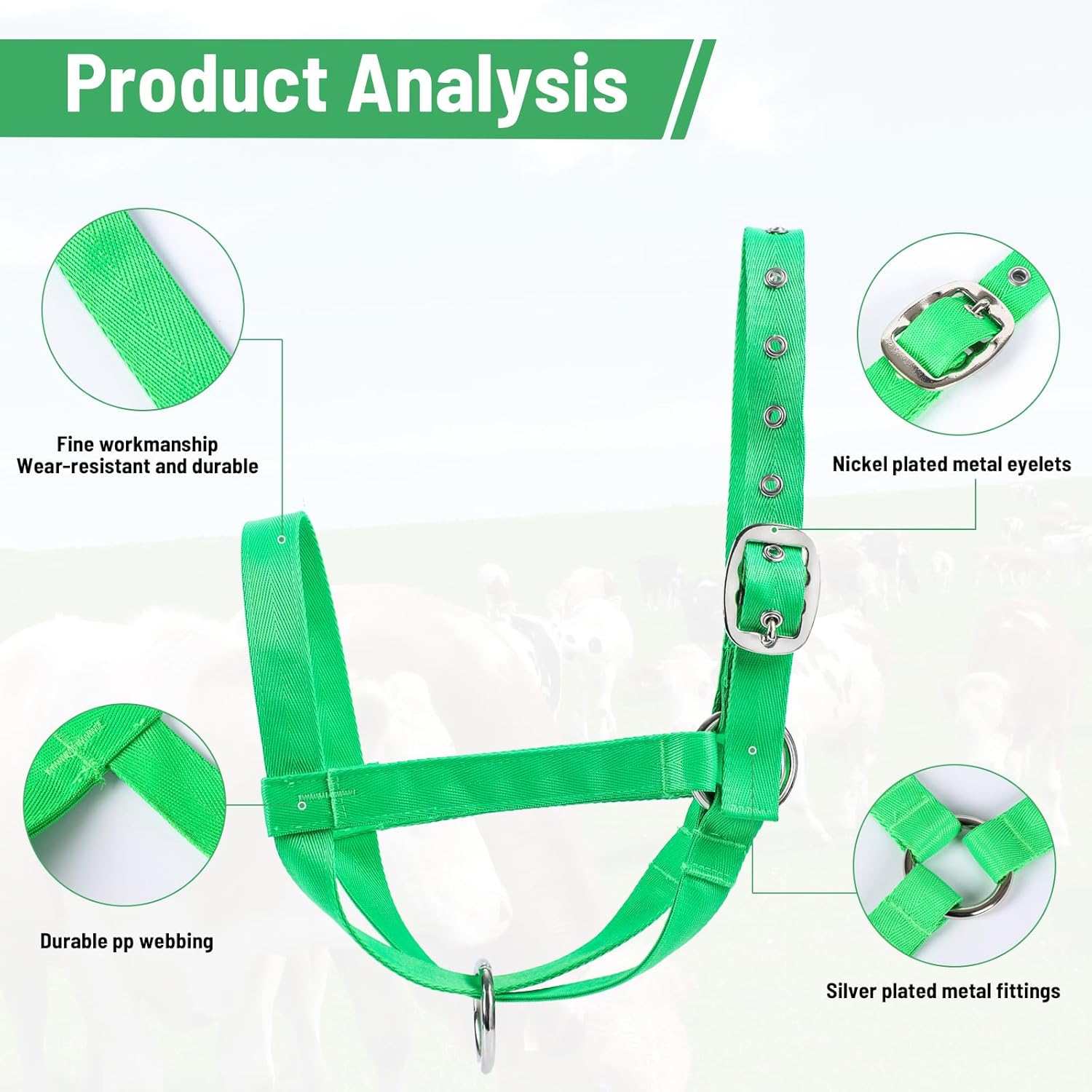 XUANNIAO Easily Adjustable Figure 8 Cow Halter, Double-Ply Premium Livestock Cattle Halters, Colorful Cow Utility Calf Halter with Leading Rope for Miniature Horse Donkey Goat Foal (Medium, Green)