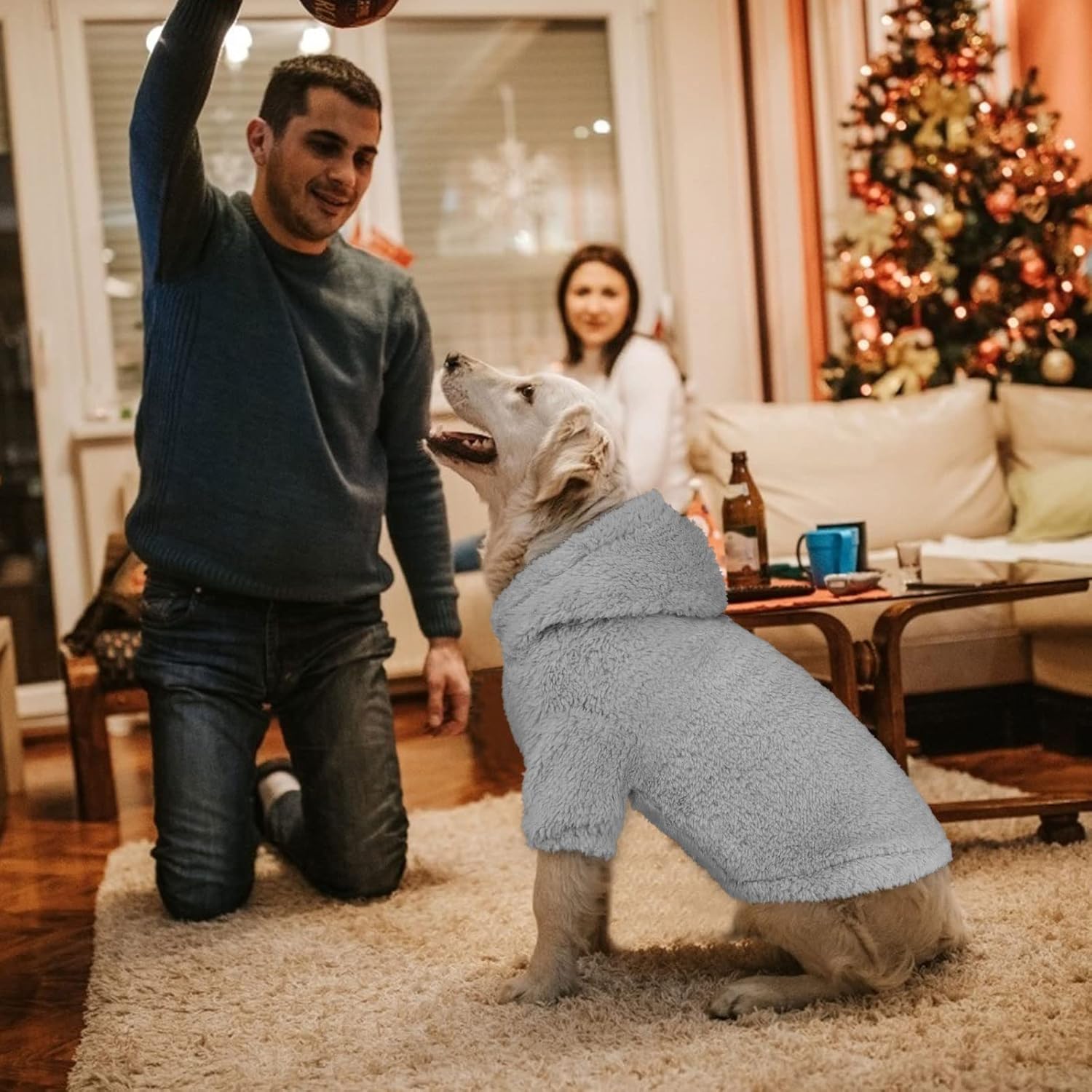 Fuzzy Dog Sweaters for Large Dogs Pet Hoodie Clothes Warm Soft Pet Coats Hooded Sweatshirt Dog Sweaters for Extra Large Dogs(Grey-XL)