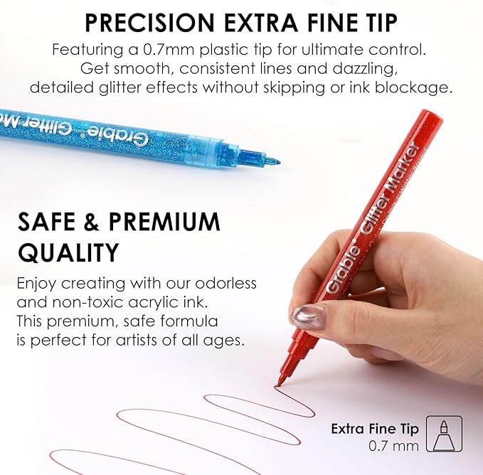 Grabie Glitter Metallic Markers, Extra-Fine Tip Glitter Acrylic Paint Markers, Quick-Drying Water-based Ink Glitter Pens for Adults, DIY Crafts Making (Extra Fine Tip 24 Colors, Pack of 24)