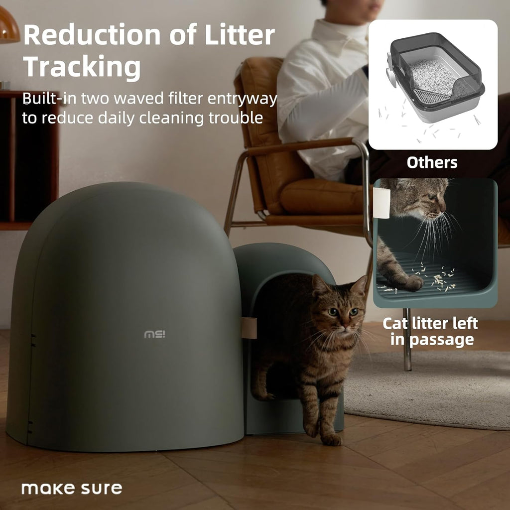 MS!MAKE SURE Cat Litter Box, Large Covered Hidden Dog Proof Closed Modern Cat Litter Box Furniture with Scoop, for Odor Control and Less Tracking, Easy to Clean,26.7"x19.6"19.6", Moss Green
