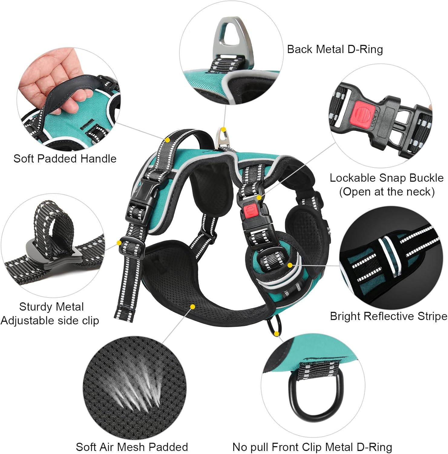 Timos No Pull Dog Harness,NO Need Go Over Dogs Head 3 Snap Buckles Reflective Oxford No Choke Puppy Harness with Front & Back 2 Metal Leash Clips Soft Padded Vest Harnesses for Small Medium Large Dogs