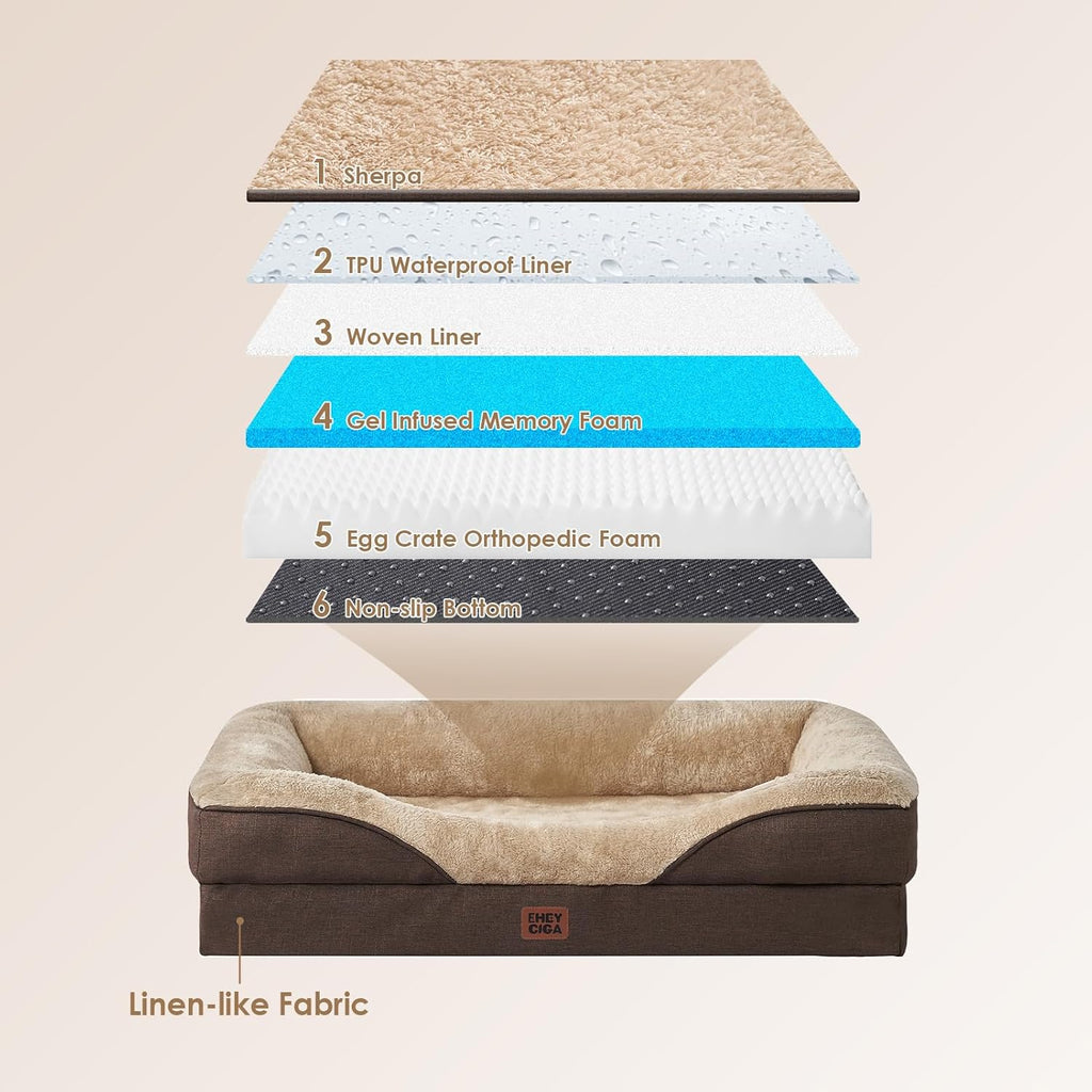 EHEYCIGA Memory Foam Dog Bed for Medium Size, Orthopedic Dog Sofa with Sides and Waterproof Liner, Washable Bolster Pet Couch with Removable Cover, 35x22x6.5 Inch, Brown